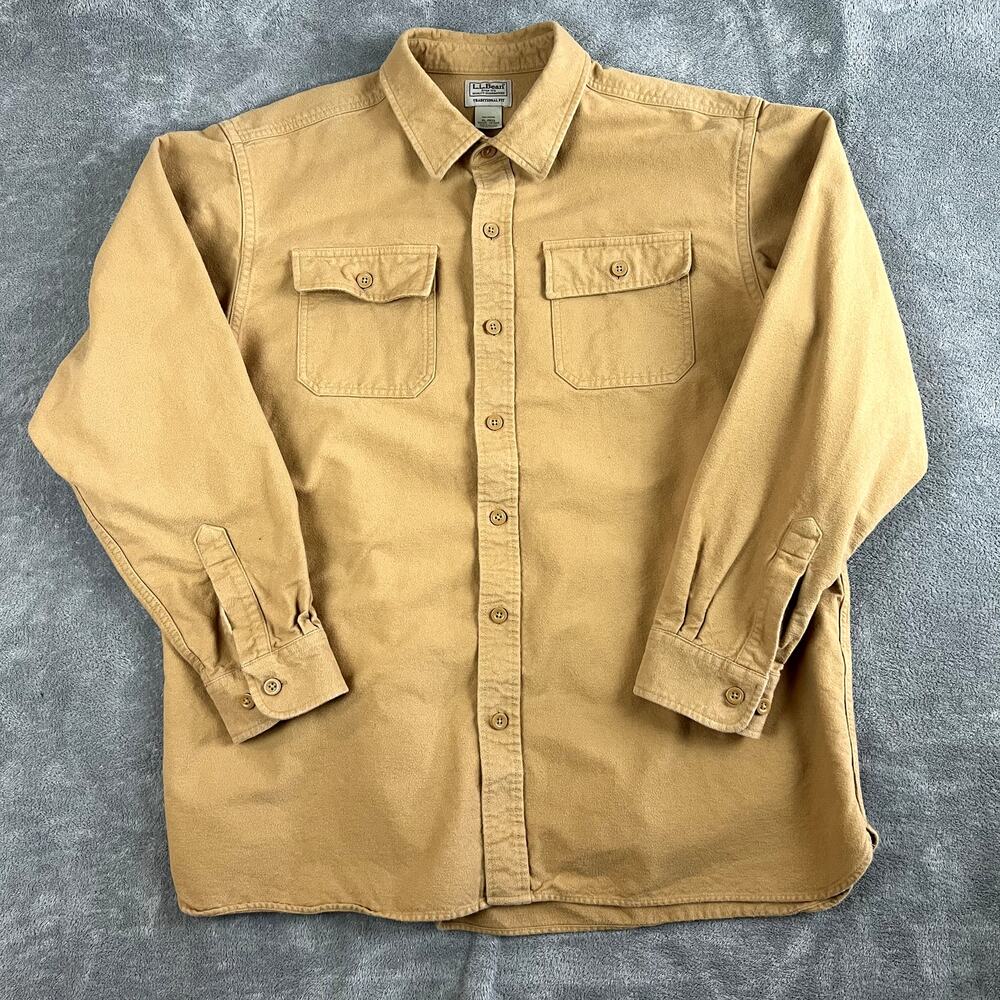 LL Bean Chamois Cloth Shirt Mens XL Tan Traditional Fit Chore Barn